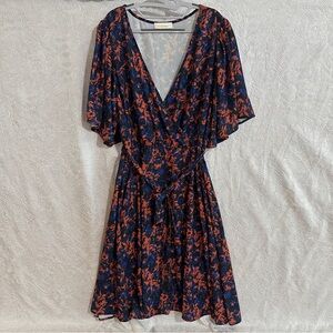 Elegant Floral V-Neck Midi Dress in Navy and Coral